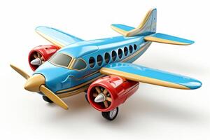 AI generated Futuristic colorful toy airplane isolated on a white background. Concept of kids friendly toys, aviation playthings, playful designs, and bright colors. photo