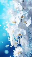 AI generated White orchids bouquet against a sparkling blue background with bokeh. With copy space. Ideal for poster, greeting card, event invitation, promotion, advertising, print, elegant design photo