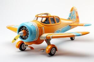 AI generated Futuristic colorful toy airplane isolated on a white background. Concept of kids friendly toys, aviation playthings, playful designs, and bright colors. photo