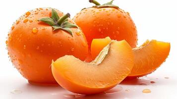 AI generated Ripe orange persimmons isolated on white background. Concepts of healthy eating, fresh fruit, natural food photo
