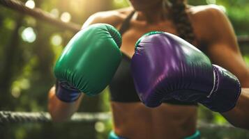 AI generated Female Boxer wearing green and purple boxing gloves, ready to strike in ring. Concept of readiness, sports challenge, and the contrast of competition photo