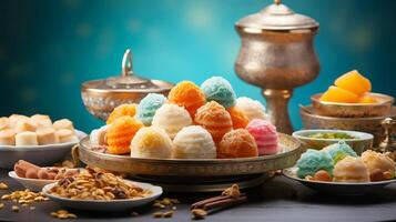 AI generated Assortment of traditional Indian sweets on plate with bokeh background. Concept of festive Indian sweets, traditional mithai variety, celebratory dessert presentation photo