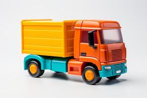 AI generated Orange toy truck isolated on a white background. Side view. Cartoonish childrens car. Concept of kids toys, playful designs, transport-themed playthings, and bright colors photo