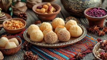 AI generated Traditional oriental sweets and ornate pottery on an embroidered tablecloth. Concept of cultural dessert spread, artisan pottery display, Middle Eastern confectionery photo