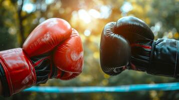 ai generado dos boxeo guantes en un puño bache gesto en medio de un borroso naturaleza fondo. concepto de deportividad, boxeo capacitación, deporte competencia, y naturaleza como un fondo para Deportes foto