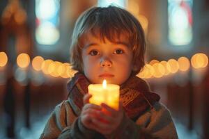 AI generated Kid holding lit candle with awe in eyes, in a church. Light casting a soft glow on his face. Suitable for Easter festive celebrations, religious event programs, spiritual blogs. photo