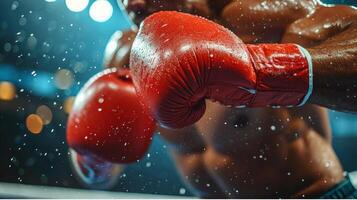 AI generated Dynamic boxing powerful punch captured with red gloves and sweat droplets. Concept of action, power, and the intensity of competitive boxing photo