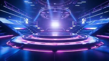 AI generated Modern futuristic concert stage with dynamic neon blue purple illumination. Modern Night Club. Concept of virtual reality events, futuristic concerts, and high tech stage design photo