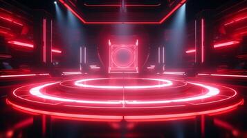 AI generated Modern futuristic concert stage with dynamic neon red illumination. Modern Night Club. Concept of virtual reality events, futuristic concerts, and high tech stage design. Vertical forma photo