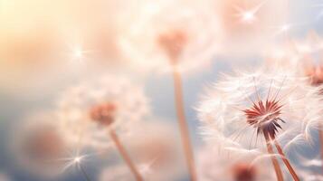 AI generated Dandelion close up with sunlight creating a bright, dreamy atmosphere. Concept of beauty of nature, dandelion seeds, abstract background, serene and calmness. photo