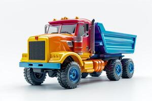 AI generated Colorful toy truck isolated on a white background. Side view. Cartoonish fantastic childrens car. Concept of kids toys, playful designs, transport-themed playthings, and bright colors. photo