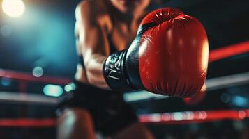 AI generated Boxer in a ring with focus on a red boxing glove, blurred arena lights. Concept of competitive boxing, power, athletic focus, and the intensity of the sport photo