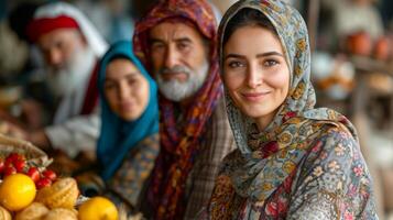 AI generated A young woman with a headscarf, accompanied by her family in cultural dress. Concept of family heritage, traditional attire, multigenerational portrait, and cultural identity photo