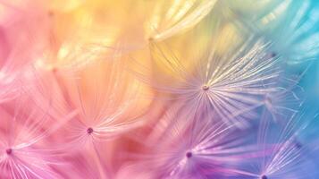 AI generated Dandelion fluff with pastel rainbow colors. Abstract colorful background. Concept of delicate beautiful backdrop, serene and calmness, dandelion seeds. photo