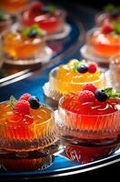 AI generated Fruit jelly garnished with berries and mint. Sweet fruit dessert. For use in Catering display, dessert menu, food blogging, culinary presentations. Vertical format. photo