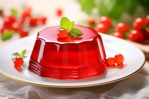 AI generated Vibrant red jelly served on a plate, adorned with strawberries. Sweet fruit dessert. For use in culinary websites, food blogs, catering services, recipe books, and dessert menus. photo