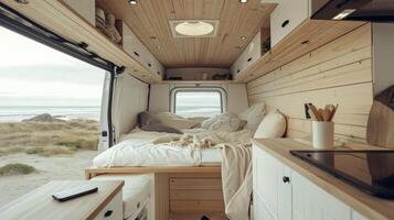 ai generado moderno camper camioneta interior con un acogedor interior y hermosa puntos de vista de naturaleza desde el ventanas concepto de móvil viviendo, aventuras viajar, la carretera excursiones, y conectado con la naturaleza estilos de vida foto