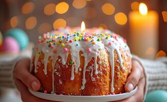 AI generated Hands holding Easter cake Kulich decorated with white dripping icing, colored sprinkles and burning candle. Blurred background. Ideal for holiday Easter content, festive celebrations photo