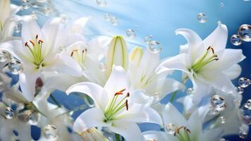 AI generated White lilies under light blue clear water with bubbles and droplets. Banner with copy space. Perfect for poster, greeting card, event invitation, promotion, advertising, print photo