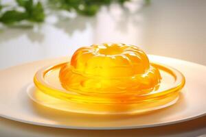 AI generated Yellow jelly on light blurred background. Sweet fruit dessert. For use in food blogs, catering services, recipe books, dessert menus photo