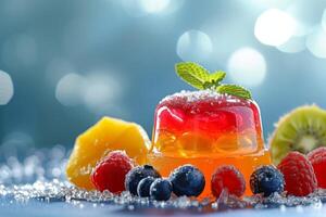 AI generated Delicious jelly with berries. Sweet fruit dessert. For use in culinary websites, food blogs, catering services, recipe books, and dessert menus. Light blurred background photo