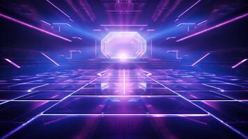 AI generated Modern futuristic concert stage with dynamic neon blue purple illumination. Modern Night Club. Concept of virtual reality events, futuristic concerts, and high tech stage design photo
