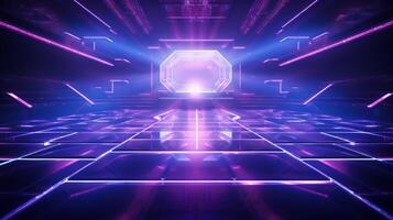 AI generated Modern futuristic concert stage with dynamic neon blue purple illumination. Modern Night Club. Concept of virtual reality events, futuristic concerts, and high tech stage design photo