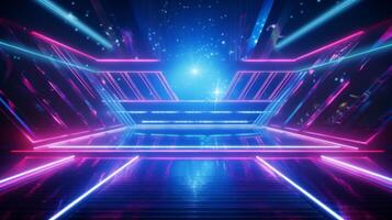 AI generated Modern futuristic concert stage with dynamic neon blue purple illumination. Modern Night Club. Concept of virtual reality events, futuristic concerts, and high tech stage design photo