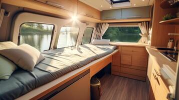 AI generated Comfortable motorhome interior design with cozy interior and scenic nature outlook. Concept of mobile living, adventure travel, road trips, and nature-connected lifestyles photo