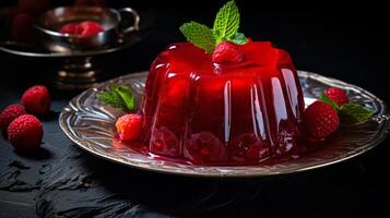 AI generated Vibrant red jelly served on a glass dish, adorned with cherries. Sweet fruit dessert. For use in culinary websites, food blogs, catering services, recipe books, and dessert menus. photo