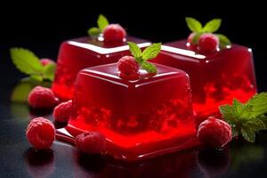 AI generated Vibrant red jelly adorned with raspberries. Sweet fruit dessert. For use in culinary websites, food blogs, catering services, recipe books, and dessert menus. Dark background. photo