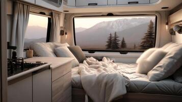 ai generado moderno camper camioneta interior con un acogedor interior y hermosa puntos de vista de naturaleza desde el ventanas concepto de móvil viviendo, aventuras viajar, la carretera excursiones, y conectado con la naturaleza estilos de vida foto