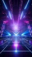 AI generated Modern futuristic concert stage with dynamic neon blue purple illumination. Modern Night Club. Concept of virtual reality events, futuristic concerts, and high tech stage design. Vertical photo