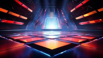 AI generated Colorful modern futuristic concert stage with dynamic neon illumination. Modern Night Club. Concept of virtual reality events, futuristic concerts, and high tech stage design photo