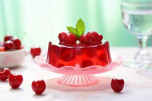 AI generated Vibrant red jelly served on a glass dish, adorned with cherries. Sweet fruit dessert. For use in culinary websites, food blogs, catering services, recipe books, and dessert menus. photo