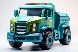 AI generated Green toy truck isolated on a white background. Side view. Cartoonish fantastic childrens car. Concept of kids toys, playful designs, transport-themed playthings, and bright colors photo