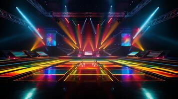 AI generated Modern futuristic concert stage with dynamic neon rainbow illumination. Modern Night Club. Concept of virtual reality events, futuristic concerts, and high tech stage design photo