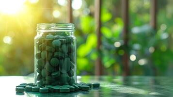 AI generated Transparent glass jar filled with Spirulina or Chlorella green tablets on blurred bokeh background of green plants and sunlight. Copy space. Concepts of health, organic superfood photo