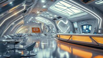 AI generated Modern futuristic minimalist design of a spaceship interior with a modern aesthetic. Concept of space travel, future technology, exploration, cosmic living, and Earth observation photo