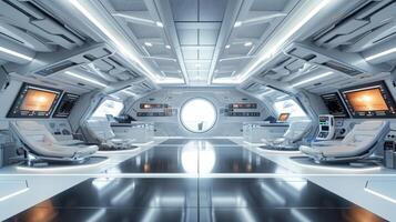 AI generated Modern futuristic minimalist design of a spaceship interior with a modern aesthetic. Concept of space travel, future technology, exploration, cosmic living, and Earth observation photo