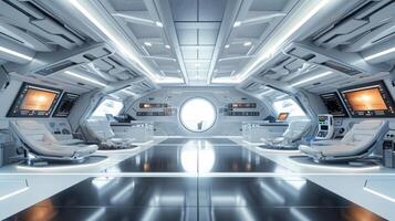 ai generado moderno futurista minimalista diseño de un astronave interior con un moderno estético. concepto de espacio viajar, futuro tecnología, exploración, cósmico viviendo, y tierra observación foto