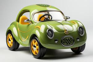 AI generated Futuristic green toy car isolated on a white background. Cartoonish vehicle designed for children. Concept of kids friendly toys, playful designs, transport-themed playthings photo