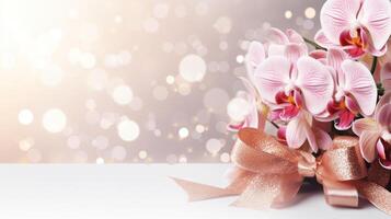 AI generated Orchids bouquet on light peach background with glitter and bokeh. Banner with copy space. Perfect for poster, greeting card, event invitation, promotion, advertising, print photo