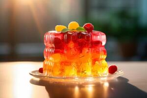 AI generated Red yellow jelly adorned with raspberries. Sweet fruit dessert. For use in culinary websites, food blogs, catering services, recipe books, and dessert menus. Light blurred background photo