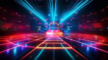 AI generated Colorful modern futuristic concert stage with dynamic neon illumination. Modern Night Club. Concept of virtual reality events, futuristic concerts, and high tech stage design photo