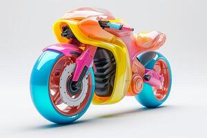 AI generated Futuristic colorful toy motorbike isolated on a white background. Concept of kids friendly toys, transport-themed playthings, playful modern designs, and bright colors. photo