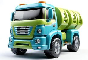 AI generated Green toy truck isolated on a white background. Side view. Cartoonish fantastic childrens car. Concept of kids toys, playful designs, transport-themed playthings, and bright colors photo