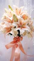 AI generated White lilies huge bouquet with peach ribbon bow on light background with glitter and bokeh. Perfect for poster, greeting card, event invitation, promotion, advertising, elegant design photo