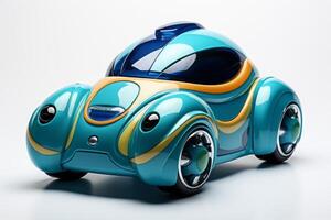 AI generated Futuristic green toy car isolated on a white background. Cartoonish vehicle designed for children. Concept of kids friendly toys, playful designs, transport-themed playthings photo