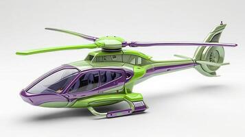 AI generated Futuristic green purple toy helicopter isolated on a white background. Concept of kids friendly toys, aviation playthings, playful designs, and bright colors. photo